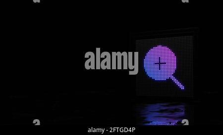 paroi lumineuse de rendu 3d avec des points bleus violets en forme de symbole de loupe zoom avant avec poignée fine sur noir arrière-plan avec réflexion de sol humide Banque D'Images