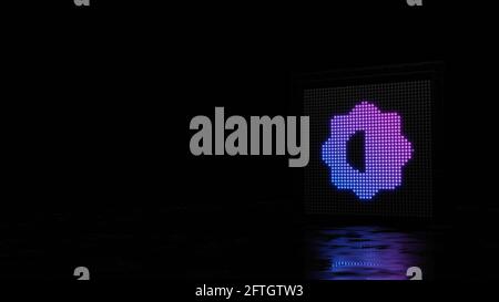 paroi lumineuse de rendu 3d avec des points bleus violets en forme de symbole de demi-caméra sur fond noir avec sol mouillé réflexion Banque D'Images