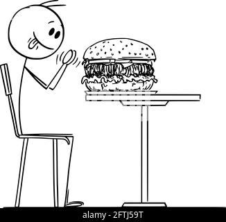 Personne appréciant le Big Burger dans le restaurant de restauration rapide, Illustration du figurine Vector Cartoon Stick Illustration de Vecteur