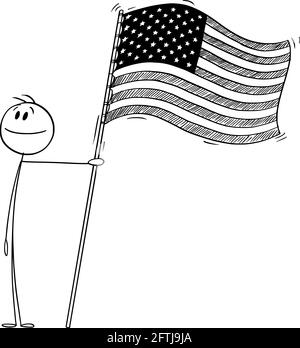 Fier Patriotic personne tenant drapeau des États-Unis d'Amérique, Vector Cartoon Stick Figure Illustration Illustration de Vecteur