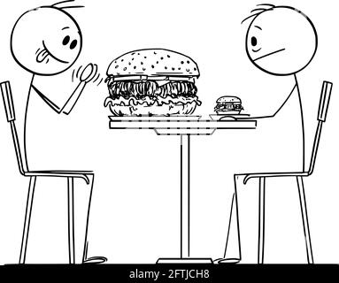 Personne appréciant un hamburger grand ou plus grand dans un restaurant ou un fast-food, Illustration de la figurine Vector Cartoon Stick Illustration de Vecteur