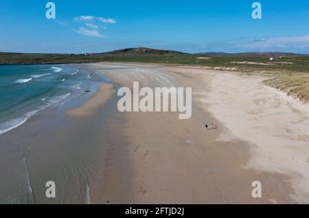 Vue aérienne de la baie de Machir, île d'Islay, hébrides intérieures, Écosse. Banque D'Images