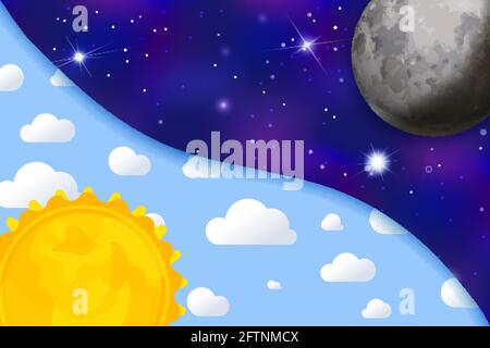 De jour comme de nuit, illustration puérile colorée avec soleil, ciel, nuages, lune et étoiles Illustration de Vecteur