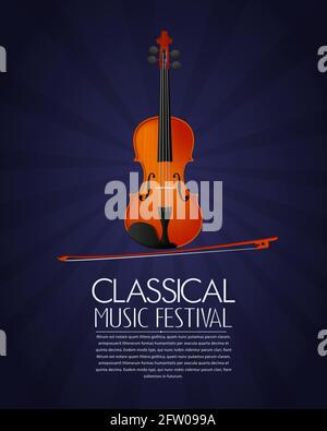 Concept pour festival de musique classique circulaire, affiche avec violon et arc. Composition vectorielle modifiable avec espace de copie. Illustration de Vecteur