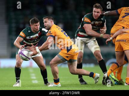 Ben Youngs de Leicester Tigers et Cobus Reinach de Montpellier lors du match final de la coupe européenne de rugby à XV au stade Twickenham, Londres. Date de la photo: Vendredi 21 mai 2021. Banque D'Images