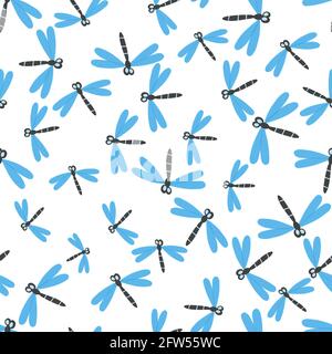 Motif sans couture avec libellule de couleur sur fond blanc. Illustration vectorielle romantique. Adorable personnage de dessin animé. Modèle pour invitation Illustration de Vecteur