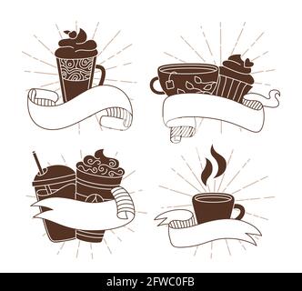 Tasse à café avec lunettes de soleil, rubans, ensemble d'icônes de dessin animé. Plat à la mode, plusieurs tasses à emporter, le soleil éclatant raies le vieux ruban hipster vintage. Chocolat chaud, thé linéaire. Collection de grains de café vectoriels différente Illustration de Vecteur