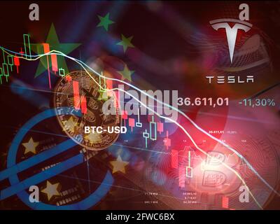 NEW YORK,USA-MAT 21 ,2021: bitcoin a perdu plus de 30% contre l'euro après des perspectives négatives du gouvernement chinois, bce et Elon Musk tesla ' cer une fois par b Banque D'Images