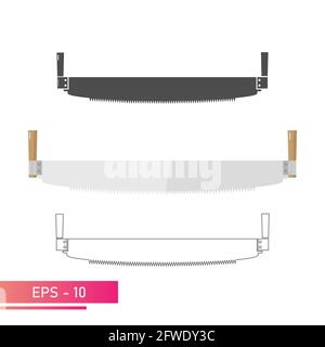Un ensemble, une scie à main de coupe de bois. Pour travailler en forêt. Conception linéaire, solide et réaliste. Sur fond blanc. Outils pour le coupe-bois. Plat Illustration de Vecteur