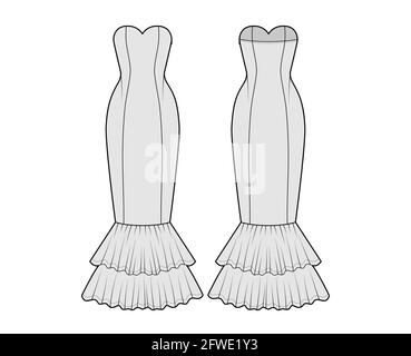 Robe sirène technique mode illustration avec encolure en forme de coeur sans bretelles, ajusté, longue par le sol jupe circulaire. Vêtements de soirée sans pinces à l'avant, à l'arrière, de couleur grise. Femmes, hommes unisex CAD maquette Illustration de Vecteur