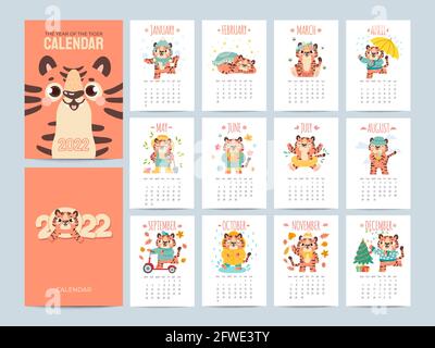 Calendrier 2022 avec tigres mignons. Couvertures et pages de 12 mois avec les activités de saison des personnages animaux. Planificateur vectoriel de symbole nouvel an chinois Illustration de Vecteur