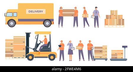 Les employés et l'équipement de l'entrepôt. Préposé à la livraison à plat avec colis, camion, palette avec boîtes et employé de service. Ensemble de vecteurs de l'industrie logistique Illustration de Vecteur