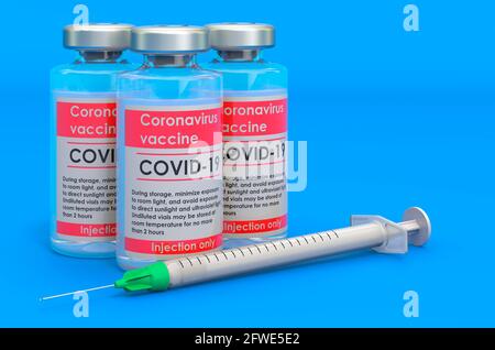 Vaccin à partir du coronavirus et de la seringue sur fond bleu, rendu 3D Banque D'Images