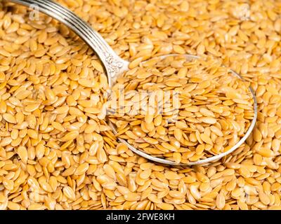 cuillère à soupe d'argent en graines de lin dorées gros plan Banque D'Images