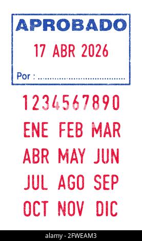 Illustration vectorielle du mot espagnol Aprobato (approuvé) et des dates modifiables (jour, mois et année) en tampons encreurs Illustration de Vecteur