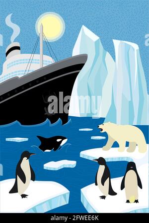 Affiche tirée à la main en hiver, expédition vers le nord dans la faune.Naviguez à bord d'un brise-glace et d'un iceberg dans l'océan du nord.Ours polaire et pingouins assis sur la banquise, l'orque naine émerge de la vague.L'Arctique et l'antarctique eps Illustration de Vecteur