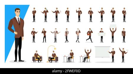 Homme d'affaires réussi en costume marron montrant des gestes et des émotions dans différentes poses ensemble.Personnage de l'homme d'affaires de bureau.Homme debout, assis, marchant, heureux, en colère collection.Vecteur eps Illustration de Vecteur