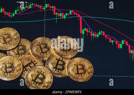 Bitcoin. Dangers et risques d'investir dans le bitcoin, la spéculation. Tendance négative. Index dans la zone rouge. Banque D'Images