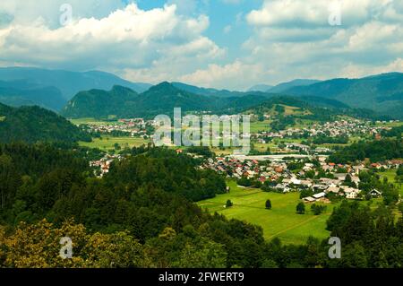 Vue vers l'ouest depuis le château de Bled, Bled, Slovénie Banque D'Images