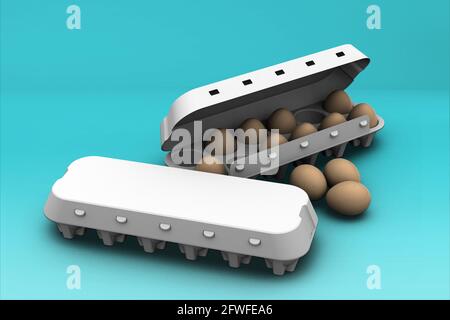 Œufs de poulet dans une boîte en carton isolée sur fond coloré.rendu 3D. Adapté à votre conception d'élément.espace de copie supplémentaire pour le texte. Banque D'Images