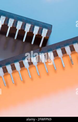 Macro gros plan des broches des pieds du semi-conducteur PIC16F77-I/P de Microchip Technology. Pour l'électronique résumé, composants industriels résumé. Banque D'Images