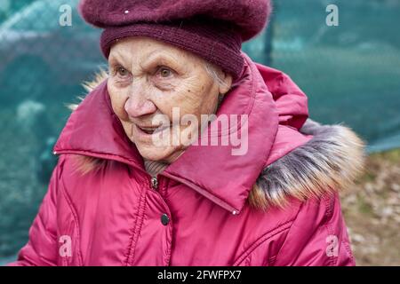 femme senior en rose chaud veste de randonnée avec bâtons de trekking dans les jeunes pins. Banque D'Images