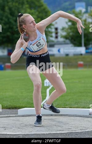 Landquart, Suisse. 22 mai 2021. Céline Berger beim Kugelstossen am Leichtathletik Siebenkampf Réunion 2021 à Landquart. Banque D'Images