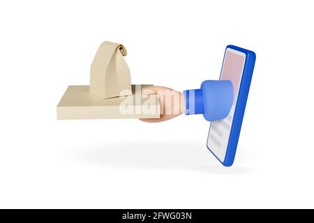 Main avec une boîte à pizza qui dépasse de l'écran d'un téléphone portable isolé sur fond blanc. Style de dessin animé. illustration 3d. Banque D'Images