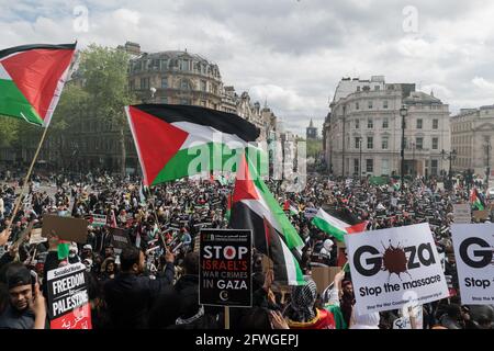 Londres, Royaume-Uni. 22 mai 2021. Des milliers de manifestants se rassemblent à Trafalgar Square, dans le centre de Londres, lors d'une manifestation en faveur de la Palestine. Un cessez-le-feu entre Israël et la Palestine est entré en vigueur vendredi, après 11 jours de frappes aériennes qui ont fait plus de 250 morts, alors que le conflit s'est intensifié suite à des expulsions planifiées de familles palestiniennes de leurs foyers par des colons juifs dans le district de Sheikh Jarrah à Jérusalem-est et à des affrontements avec la sécurité Forces autour de la vieille ville pendant le ramadan. Crédit: Wiktor Szymanowicz/Alamy Live News Banque D'Images