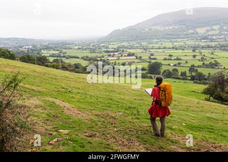 Randonneur sur les pentes inférieures du pain de sucre en regardant vers Abergavenny en utilisant la carte pour naviguer, pays de Galles, Royaume-Uni Banque D'Images