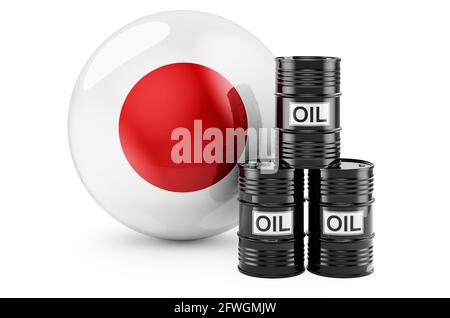 Barils de pétrole avec drapeau japonais. Concept de production ou de commerce de pétrole au Japon, rendu 3D isolé sur fond blanc Banque D'Images