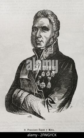 Francisco Espoz y Mina (1781-1836). Armée espagnole. Chef des guérilleros de Navarre pendant la guerre d'indépendance espagnole (1808-1814). Il a combattu sur l'armée Isabeline dans la première Guerre des Carlistes (1833-1840), étant le plus responsable de la lutte dans le nord de l'Espagne contre les Carlistes. Portrait. Gravure. Historia général de España par le Père Mariana. Madrid, 1853. Banque D'Images