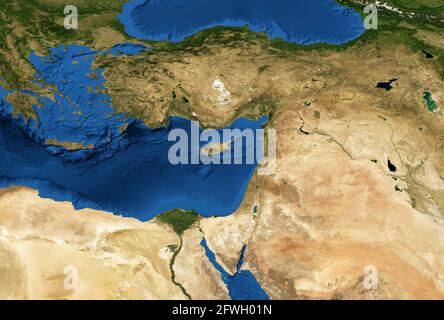 Carte du Moyen-Orient en photo satellite globale, vue à plat de la partie du monde depuis l'espace. Carte physique détaillée de la Turquie, de la Syrie, d'Israël, du Liban, de l'Égypte, Jord Banque D'Images