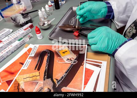 Un scientifique de police extrait un échantillon d'ADN d'une paire de pinces dans un laboratoire de crime, image conceptuelle Banque D'Images