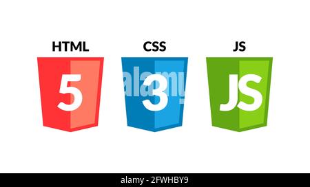 Jeu d'icônes HTML5 CSS3 JS. Logo de développement Web jeu d'icônes de html, CSS et javascript, symbole de programmation Illustration de Vecteur