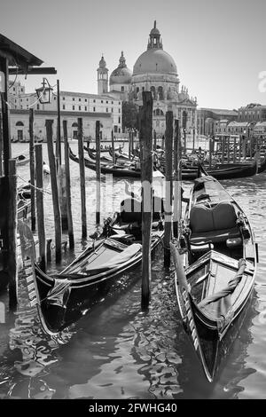 Gondoles sur le Grand Canal à Venise, Italie. Vue sur le vénitien noir et blanc Banque D'Images