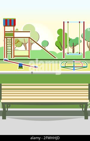 Banc et aire de jeux dans le parc. Balançoires, toboggans et carrousels. Illustration de style dessin animé plat. Un lieu de jeu pour les enfants. Bac à sable pour enfants. Outdo Illustration de Vecteur