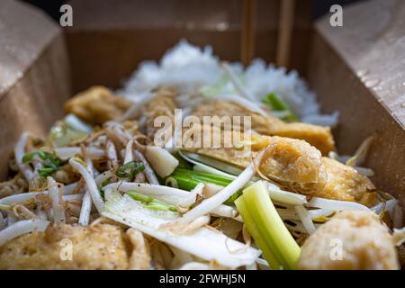 Cuisine vietnamienne - plat Dau Xao Gia: Ciboules, tofu, pousses de haricots, riz Banque D'Images