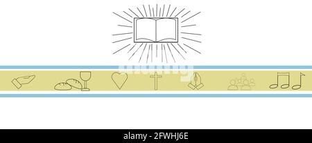 Bannière du christianisme arrière-plan Illustration avec la bible ouverte au centre et les icônes de l'église. Espace de copie. Banque D'Images