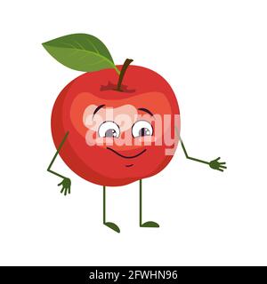 Adorable personnage de pomme avec des émotions de joie, visage souriant, yeux heureux, bras et jambes. Un héros de fruits rouges espiègle Illustration de Vecteur