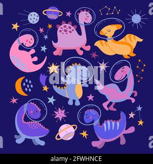 Ensemble de jolis dinosaures de dessin animé dans l'espace. Graphiques vectoriels sur fond bleu foncé. Image puérile lumineuse pour la conception de couvertures de carnets Illustration de Vecteur