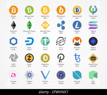 Icônes de pièces vectorielles crypto-monnaies isolées sur fond blanc. Illustration de Vecteur
