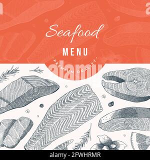 Menu de restaurant de fruits de mer avec étiquette, modèle vectoriel avec illustration à l'encre de saumon dessinée à la main, design de couverture moderne, art vintage noir et blanc Illustration de Vecteur