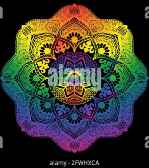 Mandala dessiné à la main avec des couleurs arc-en-ciel pour la fierté gay avec fond noir et thème lumineux. Banque D'Images