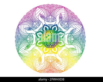 Motif mandala dessiné à la main avec couleurs de fierté arc-en-ciel sur fond blanc. Idéal pour les festivals, les papiers peints et les PC de bureau. Banque D'Images