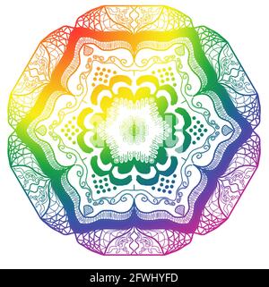 Motif mandala dessiné à la main avec couleurs de fierté arc-en-ciel sur fond blanc. Idéal pour les festivals, les papiers peints et les PC de bureau. Banque D'Images