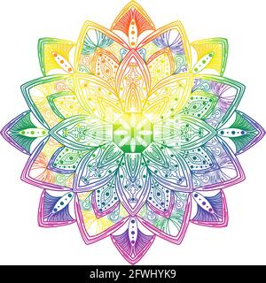 Motif mandala dessiné à la main avec couleurs de fierté arc-en-ciel sur fond blanc. Idéal pour les festivals, les papiers peints et les PC de bureau. Banque D'Images