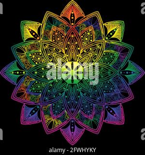 Motif mandala dessiné à la main avec couleurs de fierté arc-en-ciel sur fond noir. Idéal pour les festivals, les papiers peints et les PC de bureau. Banque D'Images