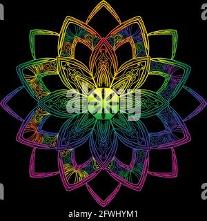 Motif mandala dessiné à la main avec couleurs de fierté arc-en-ciel sur fond noir. Idéal pour les festivals, les papiers peints et les PC de bureau. Banque D'Images