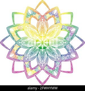 Motif mandala dessiné à la main avec couleurs de fierté arc-en-ciel sur fond blanc. Idéal pour les festivals, les papiers peints et les PC de bureau. Banque D'Images